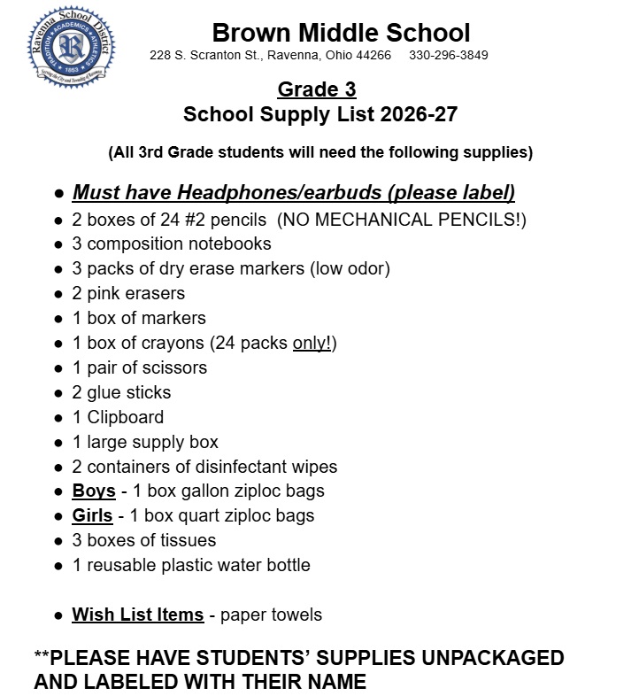 BMS 2026-27 3rd Grade School Supply List