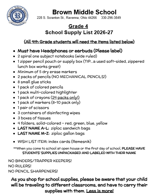 BMS 2026-27 4th Grade School Supply List