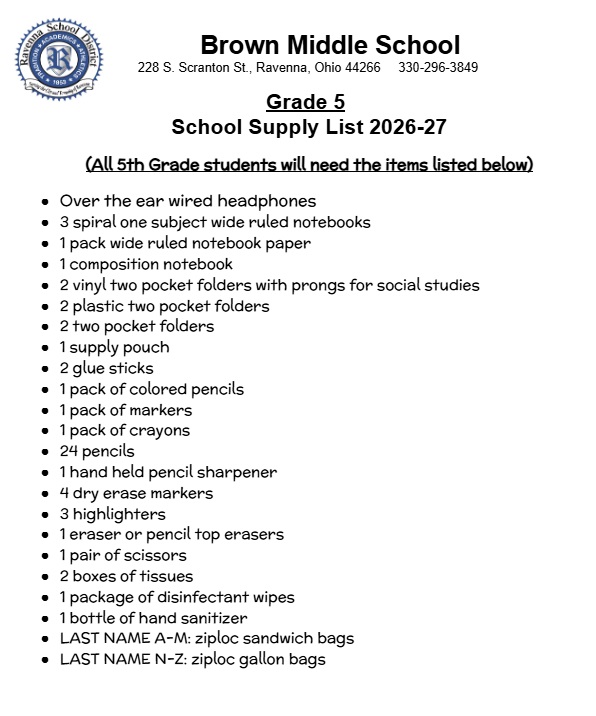 BMS 2026-27 5th Grade School Supply List