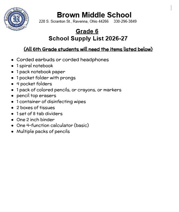 BMS 2026-27 6th Grade School Supply List