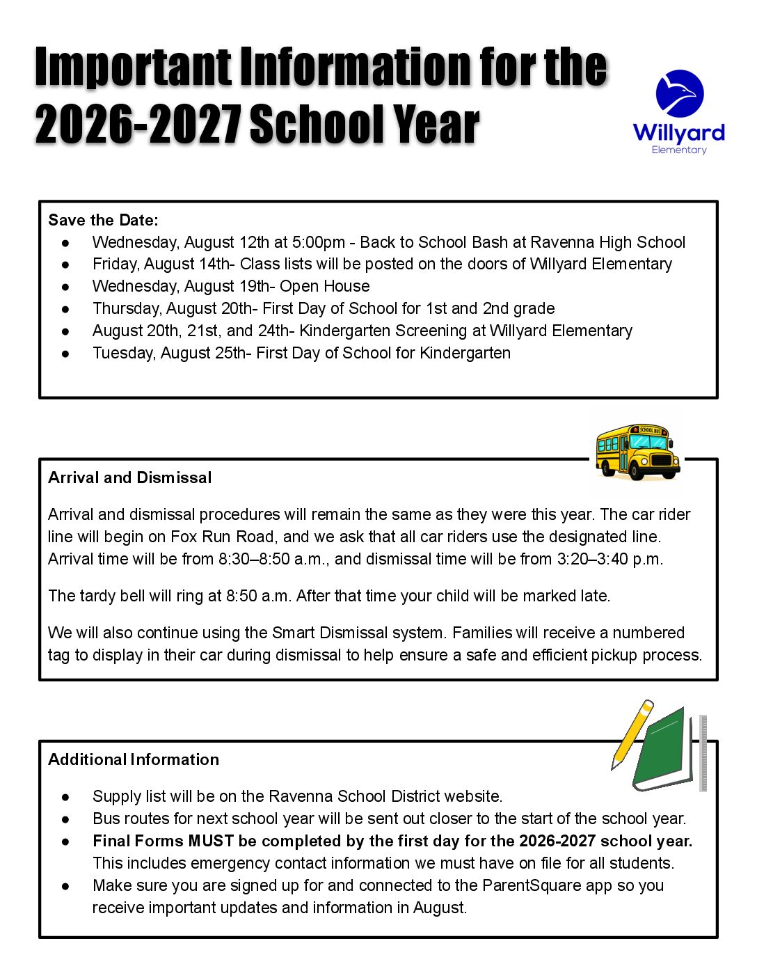 Important Information for Willyard Elementary- End of Year